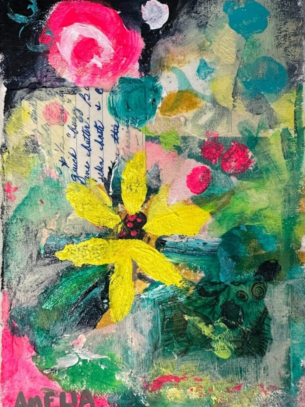 Original Art Abstract Floral Painting OOAK "Bloom" Expressionist Mixed Media 8x6